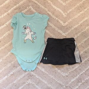 EUC Under Armour Baby Girl 9 Month Unicorn Soccer Onesie Skort Teal Silver Black